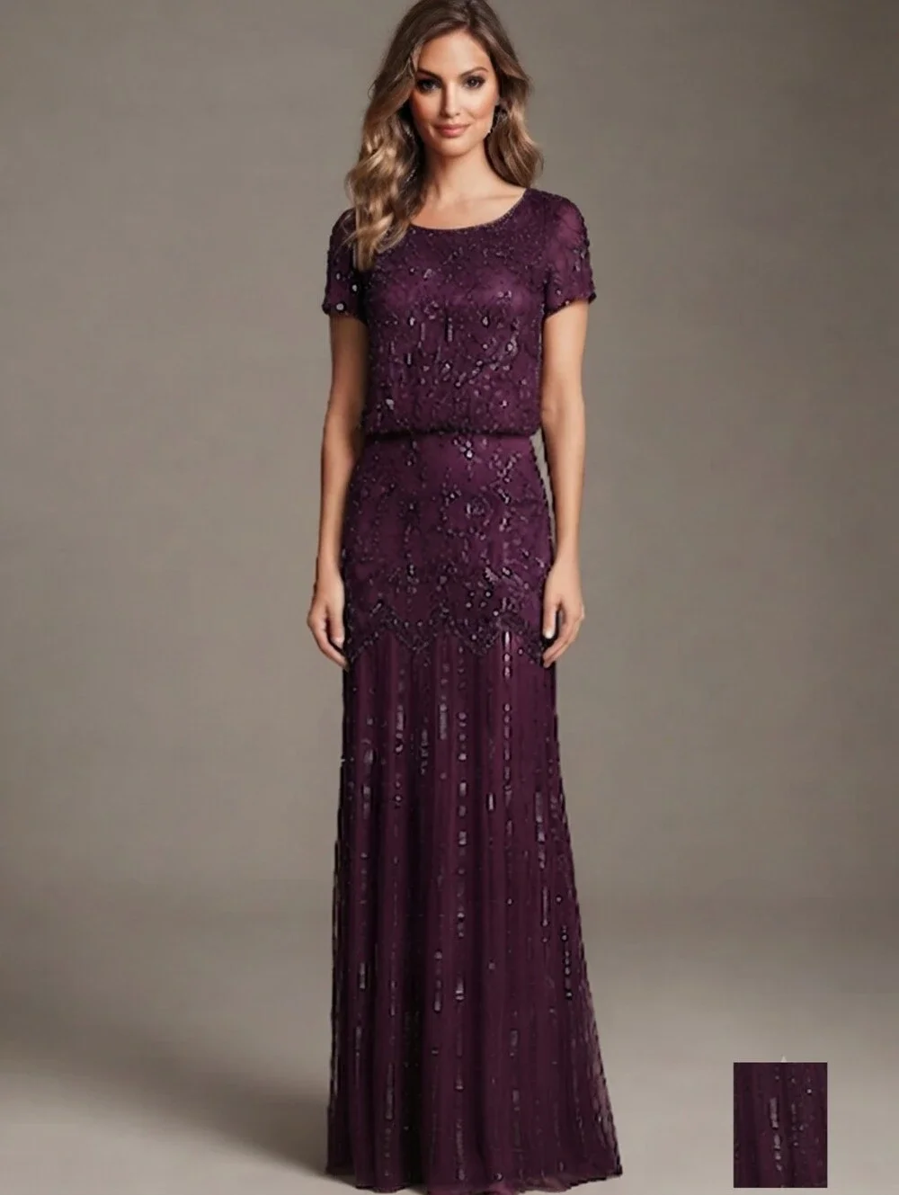 New Adrianna Papell Evening Beaded Dress Plum Floor-Length Short Sleeves Small - Picture 3 of 16